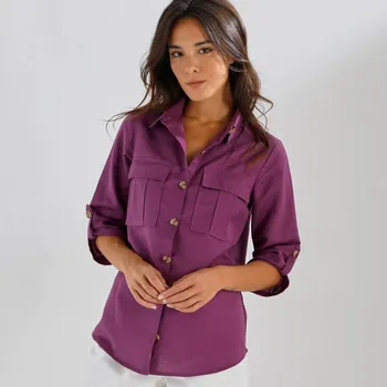 Dámská košile Košile s 3/4 rukávy na ohrnutí, plátno z bavlny a lnu šedofialová 40