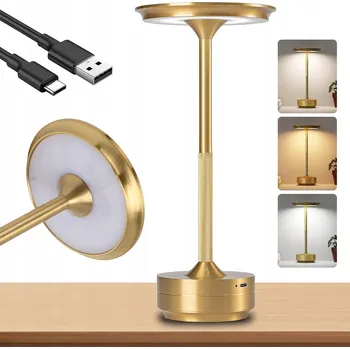 Lampička LED Lampa s USB Nabíjením, 3 Barvy Světla, Regulace Jasu, Zlatá Stolní