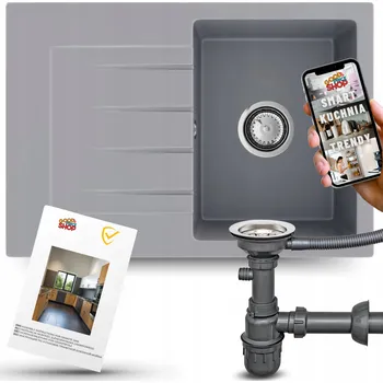 Granitový dřez GRANITOVÝ DŘEZ JEDNOKOMOROVÝ S ODKAPÁVAČEM ŠEDÝ KUCHYŇSKÝ + SIFON 3v1