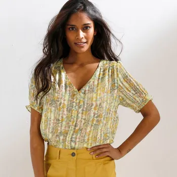 Voálová halenka na knoflíčky, s potiskem žlutá 42