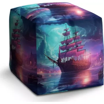 Taburet Sablio Taburet Cube Magická plachetnice pod měsícem: 40x40x40 cm