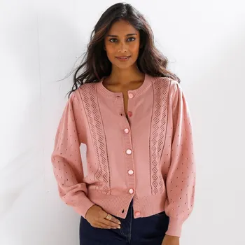 Dámský svetr Ažurový svetr na knoflíky růžové dřevo 52