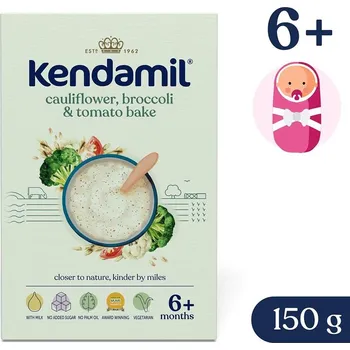 dětská jídelní sada KENDAMIL Mléčná kaše s&nbsp;brokolicí, květákem a&nbsp;rajčaty (150 g) EXPIRACE