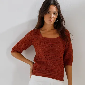 Dámský svetr Ažurový pulovr s rukávy k loktům terakota 38/40