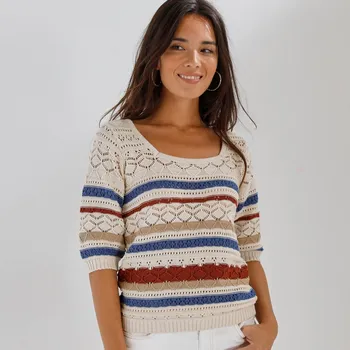 Dámský svetr Pruhovaný ažurový pulovr s rukávy k loktům režná/modrá šedá 38/40