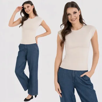 Dámská halenka MORAJ DÁMSKÁ BLŮZA TOP S PROUŽKY A KRÁTKÝM RUKÁVEM CAP SLEEVE BÉŽOVÁ XS