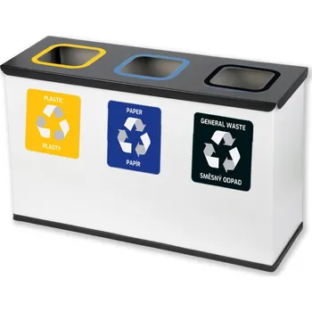 Odpadkový koš Alda Sestava na tříděný odpad Eko Station Mini, 3 x 12L, lakovaná ocel, bílá/černé víko