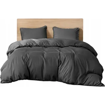 Povlečení Povlečení s bambulkami na okrajích, hladké, grafitové, 200x220