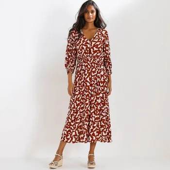 Dámské šaty Jednobarevné dlouhé kreponové šaty na knoflíky, s dvoubarevným potiskem terakota/režná 48