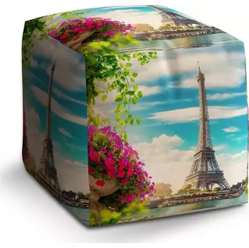 Taburet Sablio Taburet Kostka Paříž Eifellova věž Mraky: 40x40x40 cm - Sablio