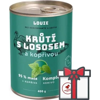 Krmivo pro psa Louie konzerva krůtí s lososem a kopřivou SET 4x 400 g + Louie vývar 400 g ZDARMA