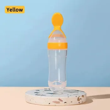 dětská jídelní sada Silikonová lžička pro první příkrmy | krmící láhev - Žlutá B