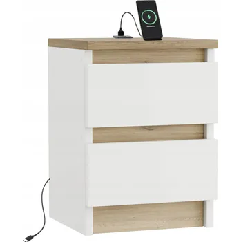 Noční stolek NOČNÍ STOLEK BÍLÁ / DUB TORRO 30 CM S PORTEM USB/USB C, DVĚ ZÁSUVKY