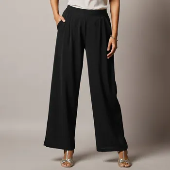 Dámská móda Široké krepové kalhoty s vysokým pasem černá 50