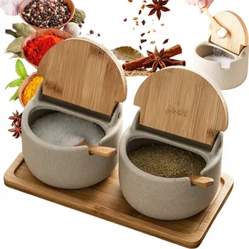 Sklenice KERAMICKÉ HNĚDÉ SKLENICE 300ML S DŘEVĚNÝMI VÍČKY NA KOŘENÍ