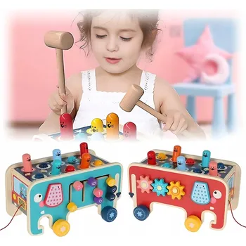 Dřevěná hračka SENZORICKÁ KOSTKA STAVEBNICE PRO DĚTI VKLÁDAČKA KLADÍVKO SLON MONTESSORI