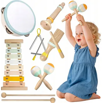 Dřevěná hračka DŘEVĚNÁ SADA HUDEBNÍCH NÁSTROJŮ PERKUSE VZDĚLÁVACÍ PRO DĚTI