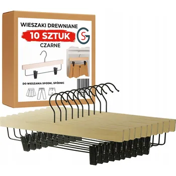 Věšák DŘEVĚNÉ VĚŠÁKY NA KALHOTY, VĚŠÁK S ČERNÝMI KLIPY, 10 KUSŮ