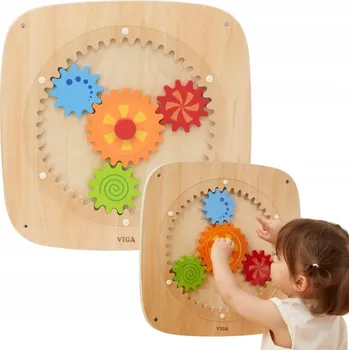 Dřevěná hračka DŘEVĚNÁ MANIPULAČNÍ SENZORICKÁ DESKA BAREVNÁ OZUBENÁ KOLA 12m+ VIGA