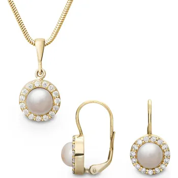 Souprava šperků Souprava náušnic a přívěšku ze žlutého zlata s bílými perlami a zirkony 438.90