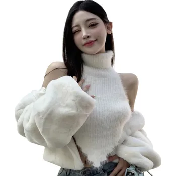 Dámské háčkované tílko Crop Top s kožíškem Rolák Stylové zimní tílko pletený vzhled polyester bavlna bílá XS