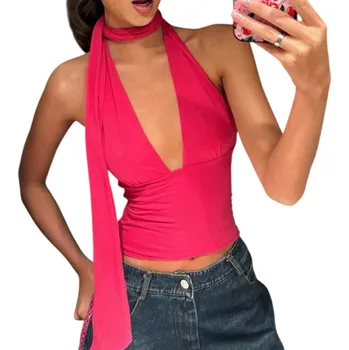 Dámské tílko jednobarevné Výstřih do V Široká ramínka Šátek kolem krku Polyester spandex elegantní letní top růžová S