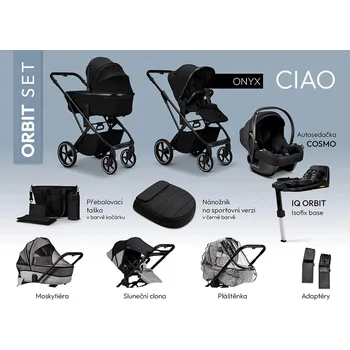 Kočárek Moon SET MAXI ORBIT CIAO ONYX včetně adaptérů, pláštenky, nánožníku black, moskytiéry, přebalovací tašky, sluneční clony, autosedačky COSMO black a isofix IQ Orbit