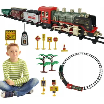 Vláček a vláčkodráha DĚTSKÁ ELEKTRICKÁ VLAKOVÁ SOUPRAVA EFEKTY PÁRA ZVUKY SVĚTLA LOKOMOTIVA S VAGÓNY
