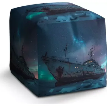 Taburet Sablio Taburet Cube Vrak lodi při polární záři: 40x40x40 cm