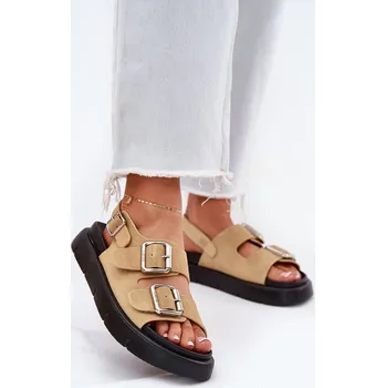 Dámské sandále Kožené Lakované Dámské Sandály S Přezkami Big Star RR274662 Barva: Béžová, Velikost: 39