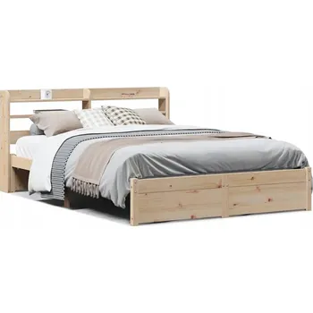 Postel Dřevěná borovicová postel s čelem a poličkami, 221,5 x 130 x 82 cm