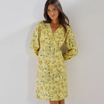 Dámské šaty Krátké šaty s překříženým výstřihem a potiskem žlutá 42