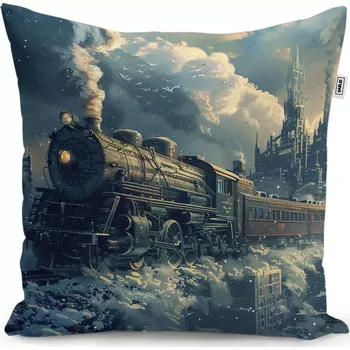 Dekorativní polštářek Dekorační polštář Parní lokomotiva v zasněženém městě - Sablio - 40x40 cm
