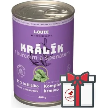 Krmivo pro psa Louie konzerva králík s kuřecím a se špenátem SET 4x 400 g + Louie vývar 400 g ZDARMA