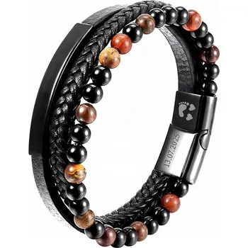 Náramek Pánský náramek kožený trojitý, hnědé korálky ocel 316L gravírování