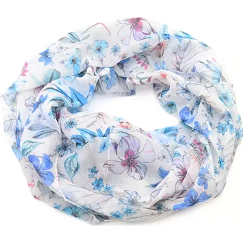 Šála Tunelová šála - bílo-modrá s květinovým vzorem