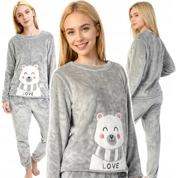 Dámské pyžamo Velurové dámské pyžamo s hřejivou podšívkou a roztomilým medvídkem, volný střih, šedé, XXL