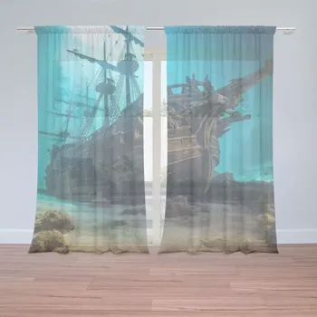 Záclona Sablio Záclony Vrak dřevěné lodi na dně moře: 2ks 150x250cm