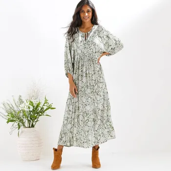 Dámské šaty Dlouhé rozšířené šaty, krepon s potiskem khaki 38