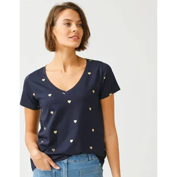 Dámská móda Tričko s výstřihem do V, krátkými rukávy, celopotisk srdíčka nám.modrá 54