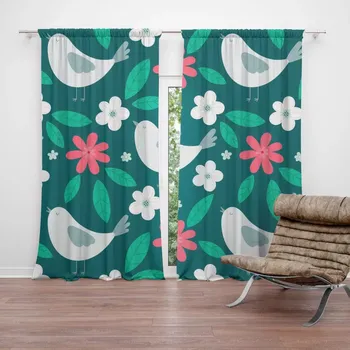 Závěs Sablio Závěsy Červené kvítí s ptáčky: 2 ks - 140x250 cm - Sablio