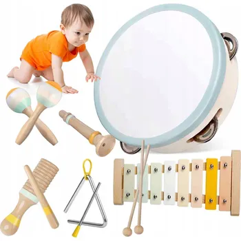 Dřevěná hračka SADA HUDEBNÍCH NÁSTROJŮ PRO DĚTI DŘEVĚNÉ NÁSTROJE BUBNÍK FLAUTNA