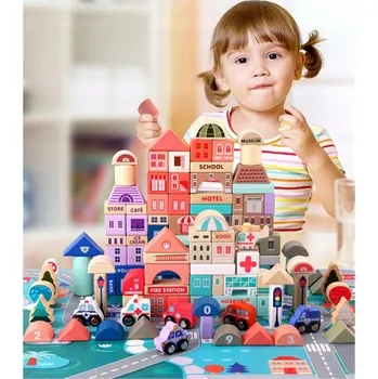 Dřevěná hračka Sada dřevěných kostek LeanToys Město, 135 dílků