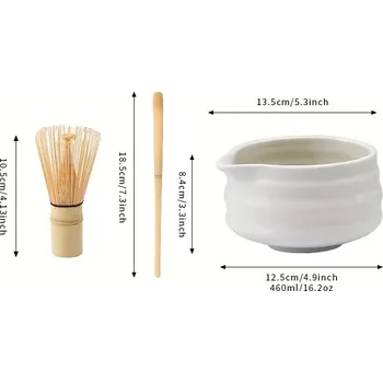 Čajová souprava Bílá japonská matcha sada s miskou a metličkou | čajová sada, čajový set - Balení dárkových krabic , Sada 3 misek Matcha