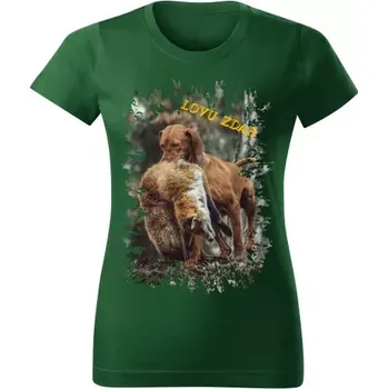 Dámské tričko Moon River Lovu Zdar pes s liškou dámské tričko pro myslivce lahvově zelené velikost S (myslivecké tričko)
