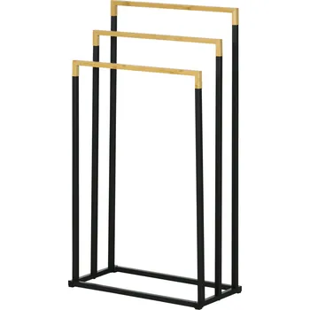 Držák na ručník kleankin věšák na ručníky Koupelnový věšák na ručníky se 3 tyčemi z oceli a bambusu v černé barvě, ideální do koupelen | Aosom.de