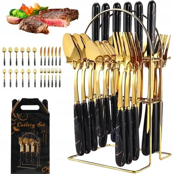 Příbor SADA PŘÍBORŮ Černo-Zlatá Pro 6 OSOB 24 KUSŮ NEREZOVÁ OCEL ELEGANTNÍ STOJAN