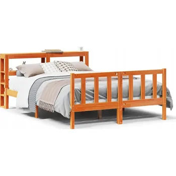 Postel Dřevěná borovicová postel s poličkami, voskovaný hnědý odstín, 214,5 x 126 x 82 cm