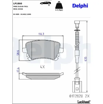 Brzdová destička Sada brzdových destiček, kotoučová brzda DELPHI LP1860