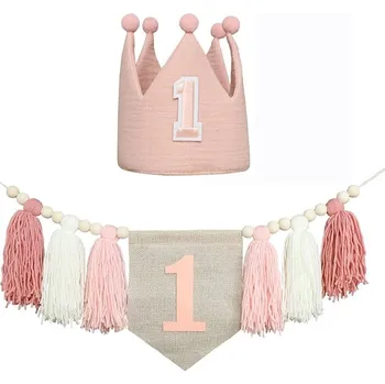 Party dekorace První narozeniny boho dekorace | dětská girlanda, narozeninová výzdoba - růžová vlajka a klobouk